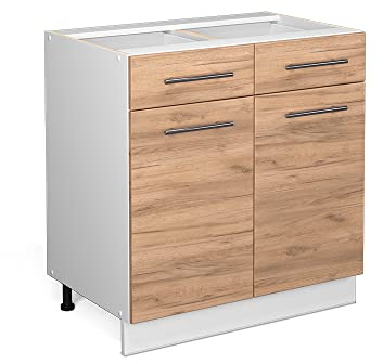 Vicco Küchenunterschrank Fame-Line, Goldkraft Eiche, 80 cm | Metall-Vollauszüge · Ohne Arbeitsplatte · Höhenverstellbare Füße · Metallgriffe · Soft-Close
