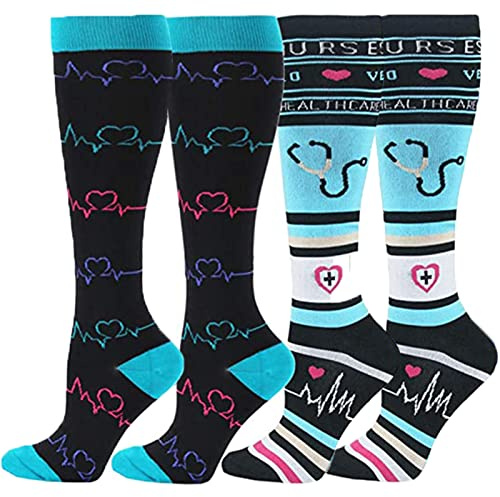 animacoser 2 Paar Stützstrümpfe Medizinisch, Kompressionsstrümpfe Damen Herren Medizinisch, Bunte Coole Sport Kniestrümpfe