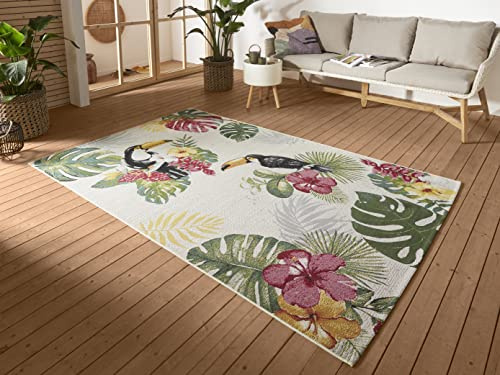 Hanse Home Tropical Dream In- & Outdoor Teppich – Flachgewebe Tropical Jungel Florales Palmen Design, ÖKO-TEX Wetterfest & UV-beständig für Balkon, Terrasse, Garten – Creme Multifarben, 80x165cm