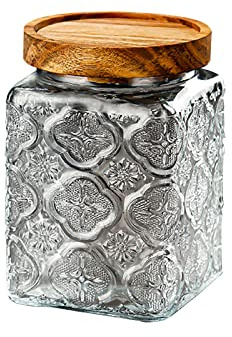 KEEMEN Glass Storage Jars Vintage Glass Food Storage Containers with Airtight Wooden Lid Kitchen Spice Jars Canister for Candy, Cookie, Coffee Beans, Tea, Flour, Grains(Square Begonia Flower)