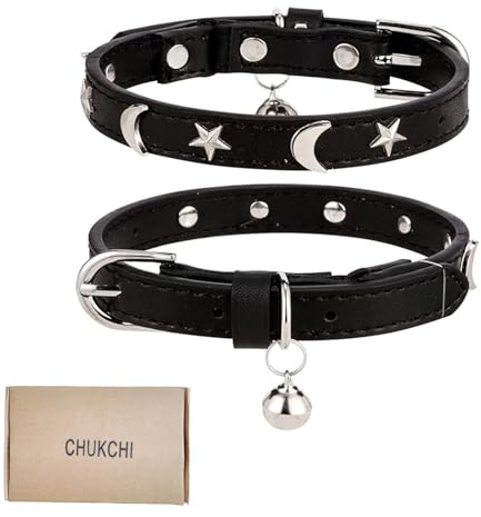 CHUKCHI Leather Cat Collars for Boy Girl Cats with Bell and Safety Elastic Belt, Personalized Star and Moon Stud Adjustable Safe Buckle Collar for Kitty Small Big Cats Size 8-12 InchRose (Black)