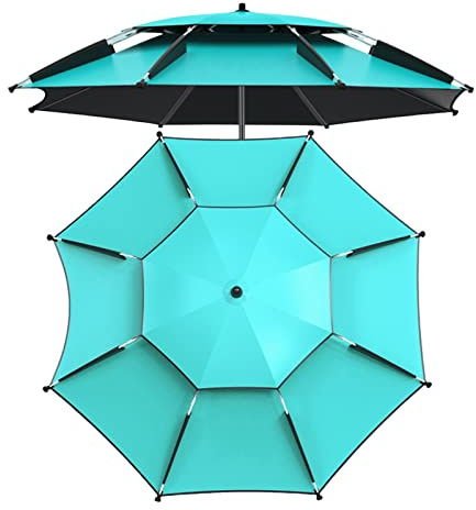 XIAOYUE Wasserdichter Angel-Sonnenschirm, Windfest Outdoor-Strandschirm mit Tragetasche, 360° Neigbarer Stahlstange, 2-stufiges Belüftetes Vordach, UV-beständig, Cyan (Size : 240cm/7.9ft)
