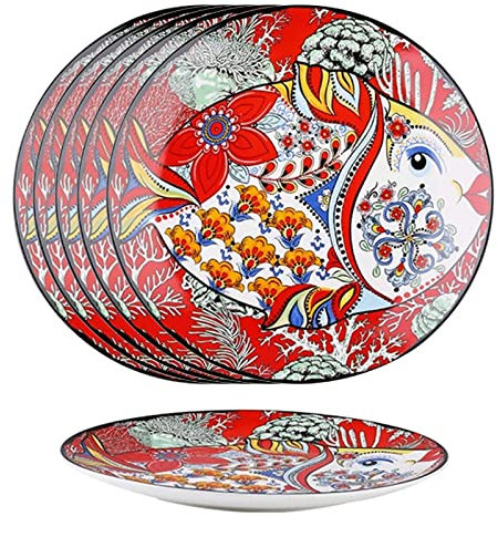 BRDECOR Assiettes à Salade 5 pièces, Assiettes à Dessert en Porcelaine de Chine pour collation de Fruits à Salade d'apéritif, Passe au Lave-Vaisselle et au Micro-Ondes, Rouge,8in