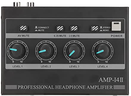 AMP14II Amplificateur de Casque 4 Canaux, Amplificateur de Casque Stéréo Compact 4 Voies avec Adaptateur 12 V 2 A, Distorsion Minimale pour Studio et Scène (Prise UE)