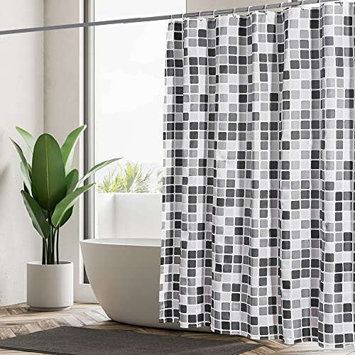 GERUIKE Anti-Schimmel Duschvorhang 180x180 mit Gewicht Unten, Wasserdicht & Waschbar Polyester-Stoff (130 GSM) mit 12 Ringen, Schwarz Grau Mosaik-Muster Shower Curtain