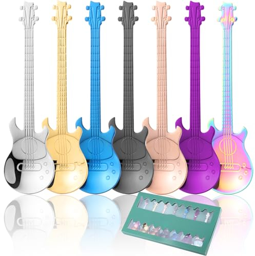 Ruig Guitar Coffee Teaspoons, 7pcs Stainless Steel Musical Coffee Gifts Sets for Man Cute Tea Spoons Set Ice Cream/Dessert/Stirring/Sugar Spoon, RUIG-23828