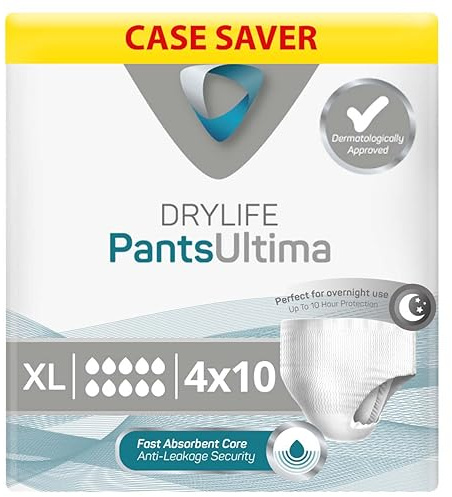 Drylife Pants Ultima Einweg-Inkontinenzunterhose für Damen und Herren, 3000 ml Saugfähigkeit, Schutz über Nacht, Auslaufsicherheit, atmungsaktives Material, Größe XL, 4 Packungen mit 10 Stück