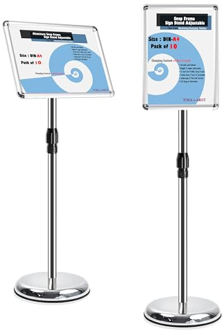 TUKA-i-AKUT 10X A4 Espositore Informativo da Pavimento, Regolabile in Altezza, Supporto per Pubblicitario Presentazioni Poster Cartelli Annunci, Portaposter Cornice Pieghevole, Argento TKD8423-10X