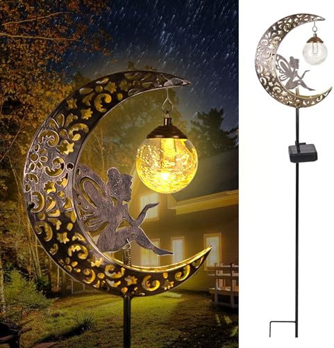 Solar Garden Lights Outdoor Decor,Moon Fairy Crackle Glass Lights,Waterproof Warm White LED Metal Stake Ornament,for Walkway Backyard Patio Lawn Pathway Decorations-Unique Gift Ideas for Gardening
