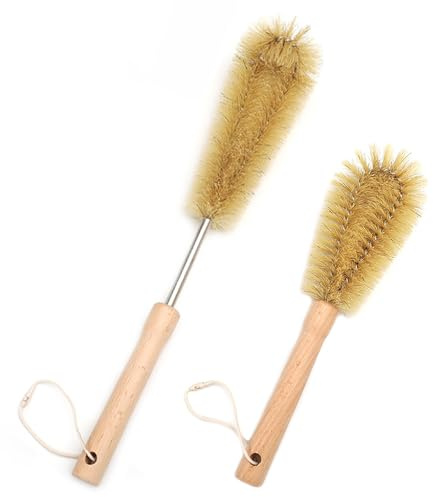 UPTALY 1 Stück 38 cm Lange Flaschenbürste, 1 Stück 26 cm Borsten-Spülbürste, Buchenholzgriff, Winkel-Küchenbürste, mit 9 mm Edelstahlstange, für Wasserkrug, Tasse, Glas, Waschbecken, Becher, Pfanne