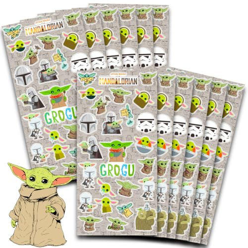 Star Wars Baby Yoda Sticker Sheets - 300 Stickers, Paper, Green, Cartoon Style, Perfect for Kids Parties & Decorating, Officially Licensed | Mandalorian Sticker Sheets for Kids Birthday Party Goodie Bags - Baby Yoda Party Supplies