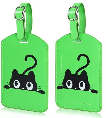 Norvens 2 Pack Travel Luggage Tags, Address Label Green PU Leather Black Cat Design Various Suitcases/Backpacks Protects Personal Info Excellent Travel Choice