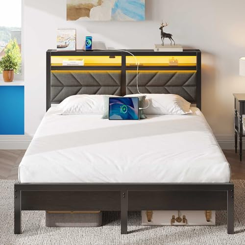 Seventable Bed Frame Full Size with Charging Station, LED Bed with Upholstered Storage Headboard, Metal Platform Bed with Under Bed Storage, No Box Spring Needed, Noise Free, Easy Assembly, Grey