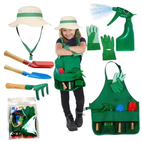 Pastoralist Kids Gardening Set With Sun Hat, Apron, Sprayer, Gloves & Shovels - 7pcs Tools for Toddlers Age 3+ Years