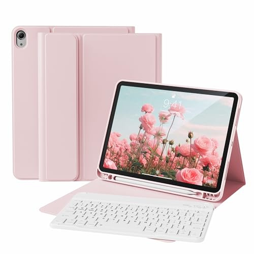 KVTVOU Keyboard Case for iPad Air 11 Inch 2026/2025/2024 M4/M3/M2, iPad Air 5th/4th Generation 10.9 Inch 2022/2020, Magnetic Wireless Keyboard, Soft TPU Cover with Pencil Holder, Pink