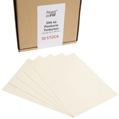 PresentFill® - blanko Postkarten Tonkarton Chamois Creme Beige, Papier-Karten Set 50 Stück 210 g/m² -DIN A6-105 x 148 mm zum Selbstgestalten, beschriften oder bedrucken als Bastelkarton, Karteikarten