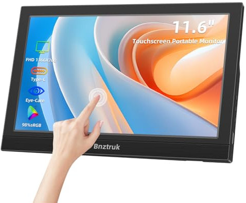 Bnztruk 11.6 Zoll Touchscreen Tragbarer Monitor, Klein Externer Monitor FHD 1366x768 IPS Bildschirm Display mit USB Type C HDMI für Raspberry Pi Laptop Mac PS4 Computer,PC 16:9