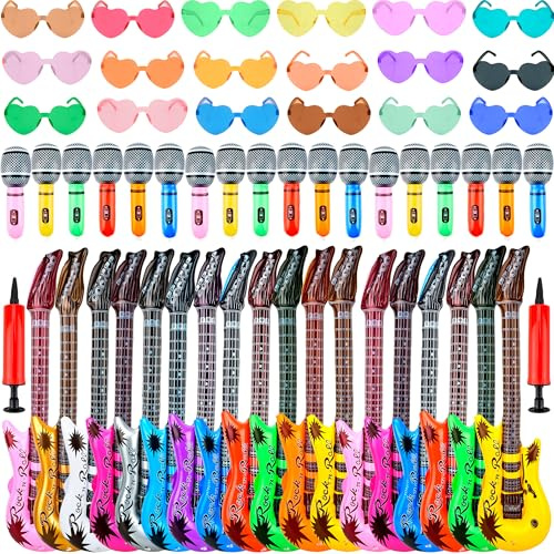 Octaday 56 Pcs Inflatable Rock Star Toy Set include 18 Blow up Microphones 18 Inflatable Guitars 18 Colorful Heart Shaped Sunglasses and 2 Air Pump for 80s 90s Musical Party Favors