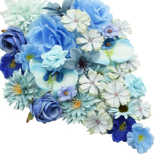 Zequech Lot de 35 fleurs en plastique pour l'artisanat, mini fleurs décoratives en série bleue, fleurs pour bouquet de mariée, tableau mural, fête de mariage, fête, maison, jardin, décoration DIY