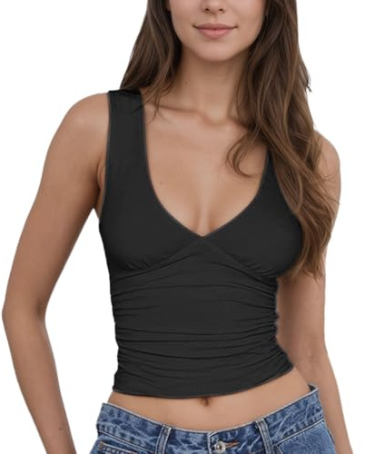 EMOTTOS Camisetas sin Mangas con Cuello en V, Sexy Camisa Fruncida de Corte Ajustado, Top Corto sin Mangas de Moda Fiesta Delgada Clubbing Ropa de Verano para Damas, Negro, S