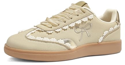 LUCKY STEP Spetsdetaljsneakers för kvinnor organza-band, Beige/Guld, 40.5 EU