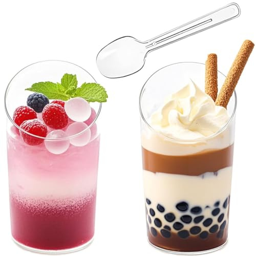 50Pcs 75ml/2.6oz Dessert Cups & Bowls with Spoons - Reusable Hard Plastic Angled Round Cheesecake Pots - Clear Serving Bowls for Pudding, Mousse, Trifles, Appetizers, Jelly, Tiramisu, Parties (50 pcs)