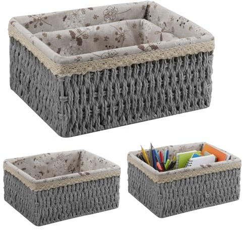 KiKiHong Aufbewahrungskörbe,3-teiliges Set Flechtkorb,Körbchen Geflochten für Zuhause,Büro,Bad & Schlafzimmer-Graue Boho-Deko (Grau) | Für Zuhause, Büro, Badezimmer, Schlafzimmer, Geschenkkorb (S/M/L)