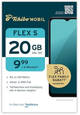 Tchibo MOBIL Flex S SIM-Karte | 20 GB Datenvolumen + Allnet- & SMS-Flat | Surfen mit LTE/5G | Nur 9,99 € alle 4 Wochen | Ohne Lange Vertragsbindung | EU-weites Roaming