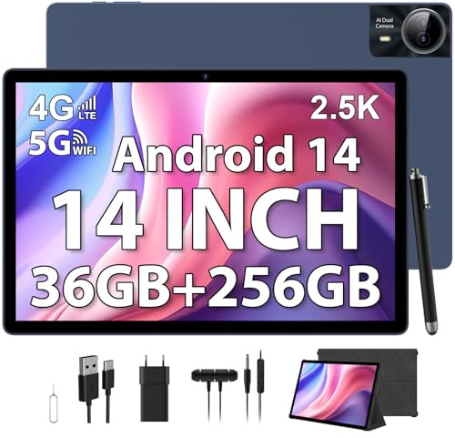 LINROM 2.5K Tablet 14 inch, Double 4G SIM card/5G WiFi, INCELL 2240 x 1400 FHD, 11580mAh, 36GB RAM, 256GB ROM (2TB Expansion), Android 14.0 Octa-Core, 13MP+8MP, Tablet with Case/GPS/Bluet 5.0 (Blue)