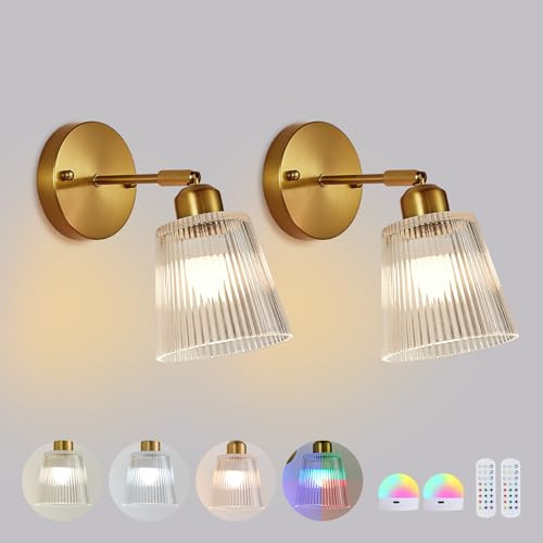 Pingxihule Vintage Rechargeable Gold Wall Light Battery Operated Wall Sconces Set of Two with Glass Lampshade Wireless Wall Lamp with Remote Control for Living Room Bedside Bedroom