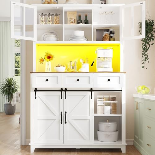 LAKFEW Alacena de Cocina con Iluminación LED y Puerta Corredera, Armario Cocina Almacenaje con Cajón y Estante Ajustable, Alacena Cocina con Botellero y Dispositivo Antivuelco, 105x40x180 cm, Blanco