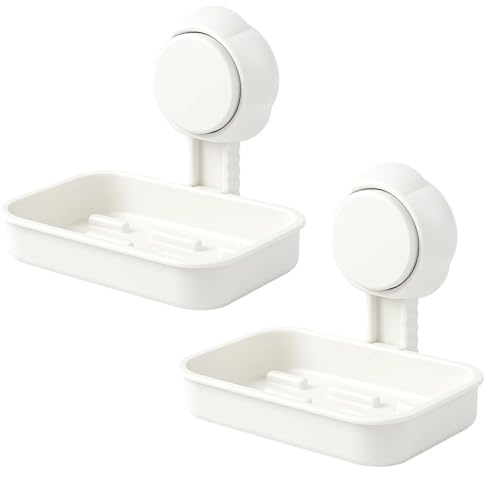 2Pcs Soap Holder, Suction Cup Soap Dish for Shower, Wall Mounted Max Hold 5KG Shower Soap Holder, Drill-Free, Removable Shower Shelf Storage Basket with Drainage for Bathroom Kitchen Sink, White