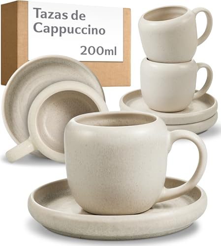 Cosumy 4er Cappuccino Tassen Set mit Untertassen Weiß – 200 ml Keramik Cappuccinotassen Set– Hält lange warm dank dickwandigem Steingut – Elegante Kaffee Tassen mit handglasierter Oberfläche