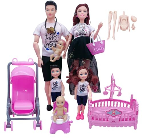 Set med 6 st. familjedockor med rörliga leder, babydockor med mage, pappa och 4 barn, babydockor för utbildning, dockhus tillbehör, utomhusdekoration