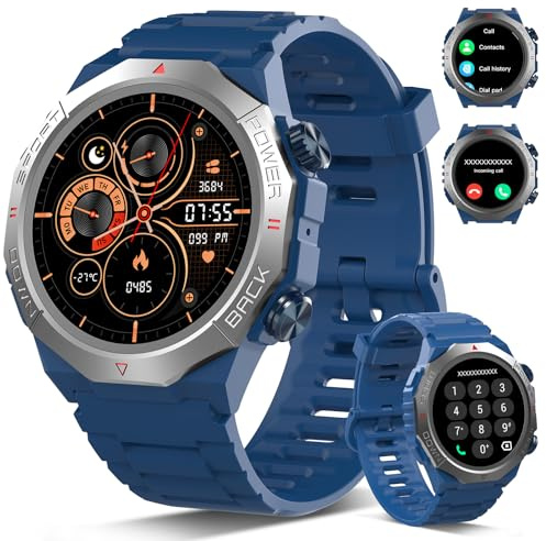Militär Smartwatch Herren Damen, Smart Watch mitTelefonfunktion 1,39 Touchscreen, Herzfrequenzmonitor Schlafmonitor IP68 Wasserdicht Sportuhr, 110+ Sportmodi Fitnessuhr für iOS Android, Blau