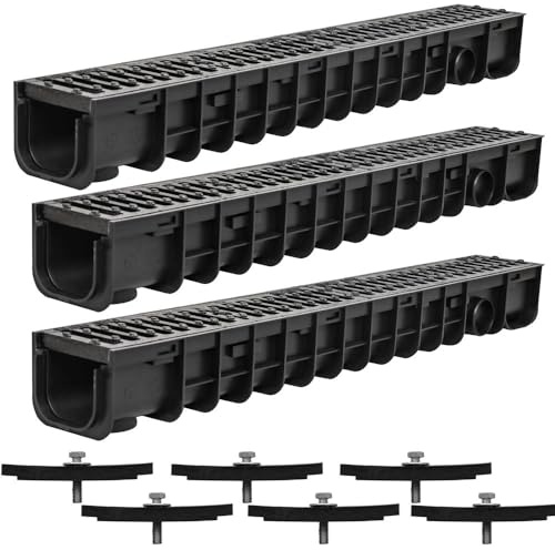 Mucola Entwässerungsrinne 3m Komplett-Set Gussrost C250 bis 25 t befahrbar | 3 Elemente je 100x14x11,5 cm, DN75 Ablaufstutzen, inkl. Diebstahlschutz, Stecksystem, für Einfahrt, Hof, Terrasse, Schwarz