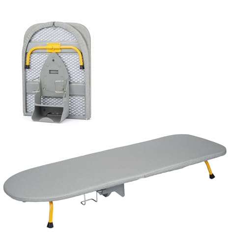 GreenWhim 90cm Table Top Ironing Board with Iron Storage Compact Folding Space Saving Design Wall Mounted with Hanging Hook (Grey)