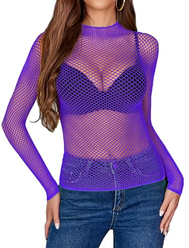 Avidlove Haut Résille Femme Maille Transparent Manches Longues T-Shirts | Chemisier en Résille élastique, Col Rond, Tissu Respirant,Parfait Pour le Superpositio,Festivals,Clubs et Rendez-vous