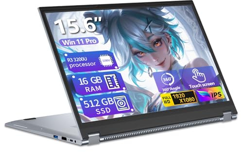 Ordinateur Portable 2 en 1 Écran Tactile 15,6 Pouces Ryzen 3 3200U (jusqu'à 3,5 GHz), Win 11 PC Portable 16Go DDR4 RAM 512Go SSD, Laptop 360 ° Rotation FHD Clavier Rétroéclairé Type-C RJ45 WIFI5 HDMI