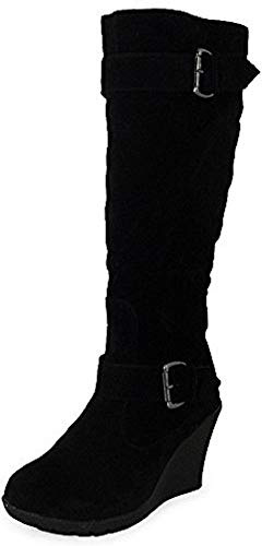 LoudLook Women’s Mid Calf Wedge Boots with Buckle and Side Zip, Lightweight Non-Slip Rubber Sole, Faux Suede Casual Work Boots for Daily Wear, Indoor Outdoor BLACK 6 Size