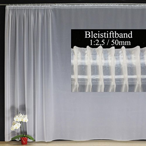 EASYHomefashion Hochwertige Fertiggardine Voile Store Deko Schal mit Faltenband Bleiband BLEISTIFTBAND 1:2,5/50 mm (größe wählbar), 140 x 600 cm (Höhe x Breite)