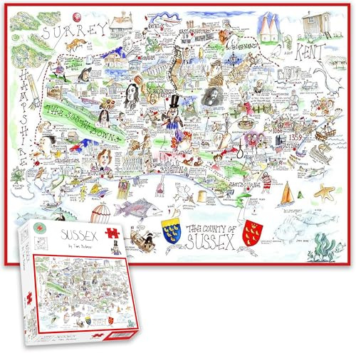 Carte comique du Sussex par Tim Bulmer – Puzzle de 1000 pièces pour adultes, grand puzzle de 66 cm x 50 cm. Difficile à terminer mais amusant et humoristique