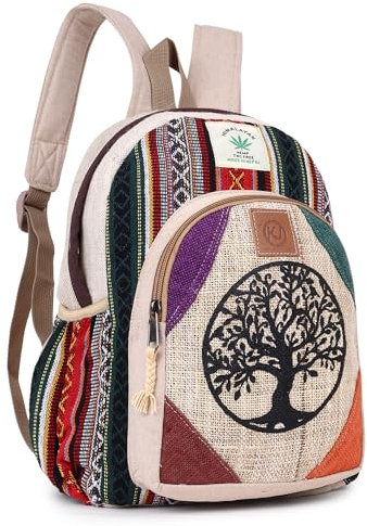 KayJayStyles Handgefertigter Rucksack aus natürlichem Hanf, Nepal, für Damen und Mädchen, klein, leicht, Tagesrucksack, Lebensbaum, 38