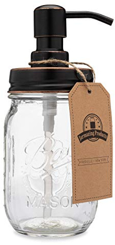 Jarmazing Products Classic Farmhouse Mason Jar Soap Dispenser - Oil-Rubbed Bronze - with 16 Ounce Ball Mason Jar