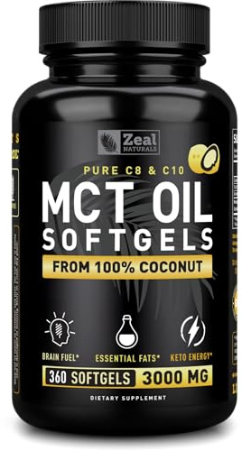 Zeal Naturals Pure MCT Oil Capsules - 3000mg, 360 Softgels |C10, C8 MCT Oil Unrefined Coconut | Energy Support & Brain Fuel Supplement | Gluten-Free