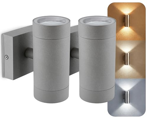 LED Außenwandleuchte 2 Stück Up & Down anthrazit IP54 GU10 3W 3 Lichtfarben | Runde Wandlampe für außen mit Up-Down-Effekt für Garten, Terrasse & Hauswand - wetterfestes Alu, inkl. 2 Leuchtmittel, H143mm