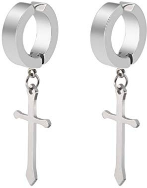 Non-Pierced Clip On Cross Dangle Drop Hoop Hinged Earrings Set for Men Women No Piercing Ear Plug Jewelry for Graduation Easter Christmas
