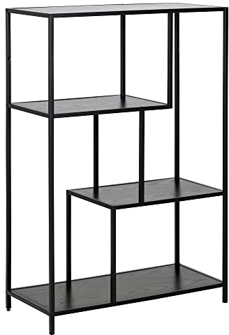 AC Design Furniture Jörn Asymmetrisches Bücherregal mit 3 Ablagen, H: 114 x B: 77 x T: 35 cm, Schwarz Esche/Schwarz, Holz/Metall, 1 Stk.