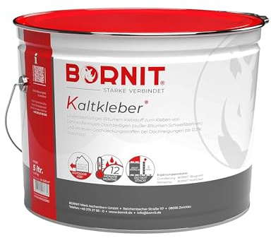 BORNIT Kaltkleber 5L Bitumen Kleber Dachbeläge [bis 12,5% Neigung] | Klebstoff Bitumen Lösemittel Gartenhaus Hasenstall Carport Garage Dach Vordach Flachdach Garten Dachkleber schwarz Vogelhaus