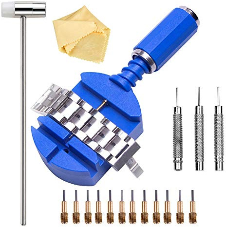 Watch Band Link Removal Tool Kit with 12pcs Replacement Pins and 3pcs Pin Punches 1pcs Head Hammer for 2.7cm or Less Watch Bracelet Strap Adjustment and Watch Repair (Blue)